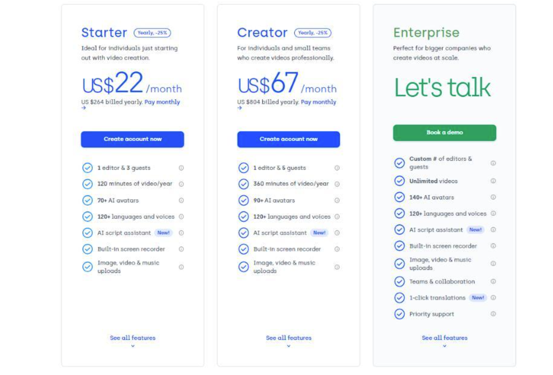 Pricing of Synthesia AI Video Maker